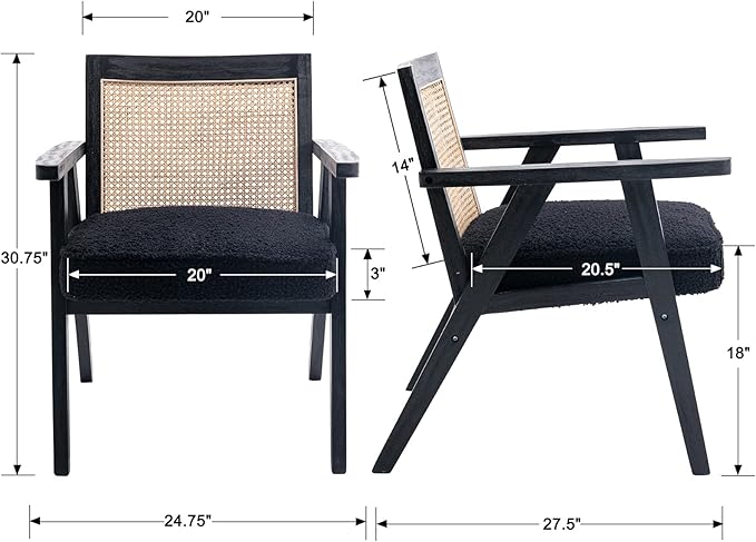 Accent Rattan Chair, Faux Fur Upholstered Living Room Chairs with Cane Back, Retro Mid Century Modern Cane Chair Armchair for Reception Reading Indoor Outdoor, Black