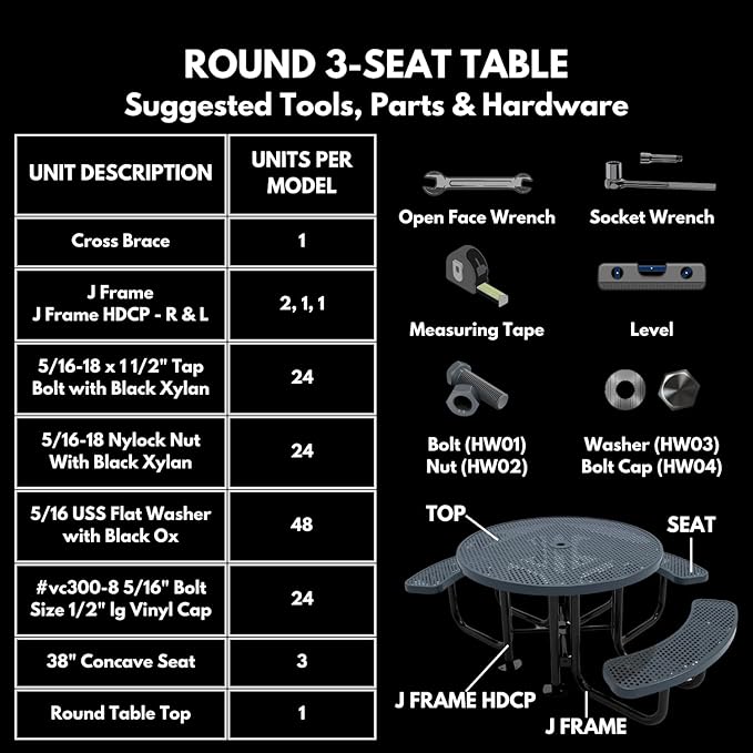 Heavy-Duty Portable ADA-Compliant Outdoor Picnic Table with Umbrella Hole, Punched Steel Patio Dining Furniture Made in America (46" Round Top, Textured Orange)
