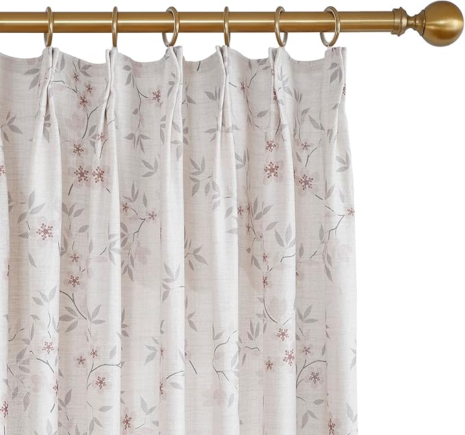 Pink Floral Pinch Pleated Linen Curtains - 2 Panels of Privacy Light-Filtering Printed Curtains Suitable for Dining Rooms and Farmhouses.52 Inches Wide by 82 Inches Long