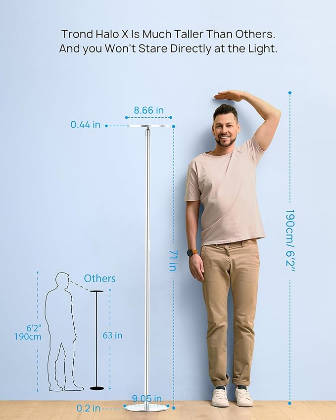 TROND Floor Lamp, LED Torchiere Uplight Lamp, 5 Brightness Aluminum Modern Standing Light, 5500K Natural Daylight, 5000 lm, 71in Tall, 30 Mins Timer, Detachable, for Office Living Room Bedroom, Silver