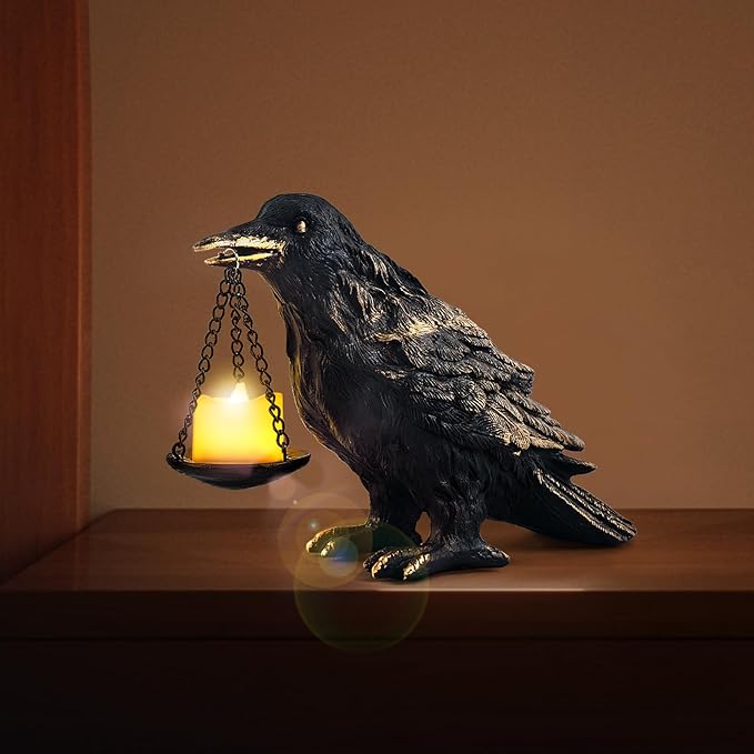 Raven Gothic Home Decor Fake Crow Light Holder Raven Lamp Tealight Candle Holder Resin Raven Statue Wearing Gold