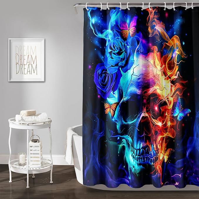 AILONEN Sugar Skull Shower Curtain,Blue Rose Flower Skull Bath Curtain,3D Printed Fire Skull Waterproof Curtain,Galaxy Butterfly Shower Curtain for Bathroom 72" W x 84" H