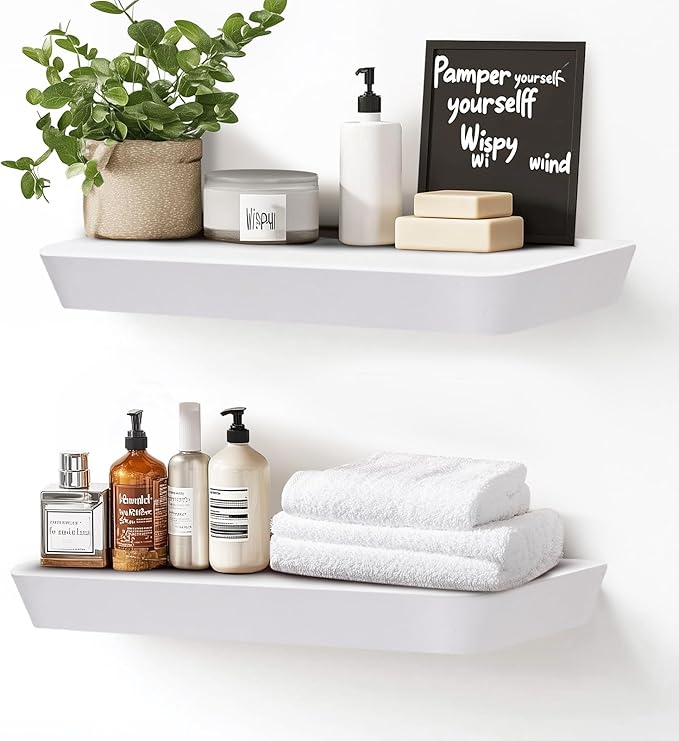 16"x6.8"x1.6" Slanted Floating Wall Shelves 2-Pack - Rustic White Finish, Heavy-Duty Solid Wood Design with Hidden Brackets - Perfect for Living Room, Kitchen, Bathroom, or Office