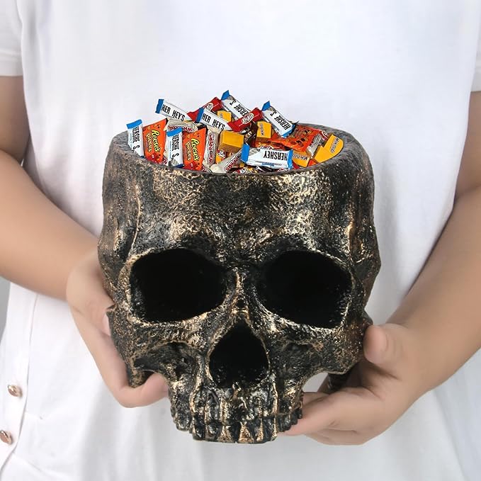 GameXcel Halloween Skull Candy Dish - Large Skull Candy Bowl for Trick or Treat - Skeleton Head Treat Container Planter or Desktop Halloween Decor - Bronze Resin