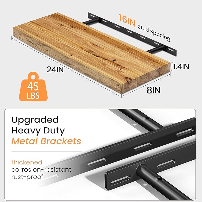 Floating Shelves for Wall, 24" Live Edge Solid Elm Wood Floating Shelf, Wall-Mounted Display Shelves with Invisible Heavy-Duty Metal Bracket, Floating Shelf for Kitchen (Natural, Set of 2)
