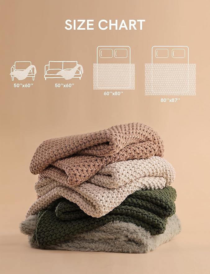 YnM Chunky Cotton Knit Throw Blanket, Cable Knit Throws for Bed Couch Sofa, Comfy & Relaxing, Decorative Piece for Farmhouse Modern Boho Rustic Scandinavian Chic Vibe, Cream White 40x50 Inches