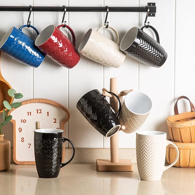 AmorArc Large Coffee Mugs Set of 6, 20oz Ceramic Tall Coffee Mugs Set with Textured Geometric Patterns for Latte/Tea/Beer/Hot Cocoa, Dishwasher & Microwave Safe, Black