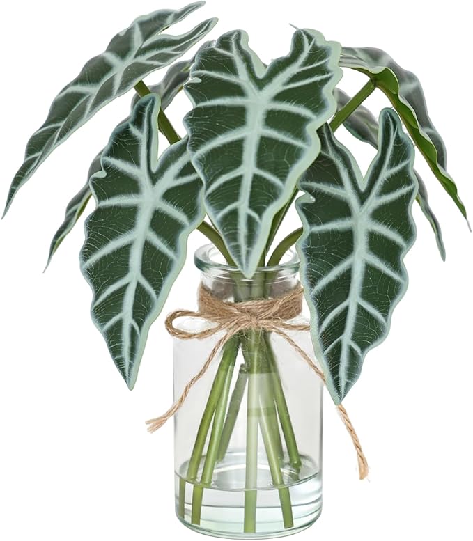 Artificial Flowers Turtle-Back, Alocasia Leaf, in Glass Vase with Faux Water,7Pcs Artificial Leaves Real Touch Latex Leaves for Centerpiece (1, Alocasia Leaf)