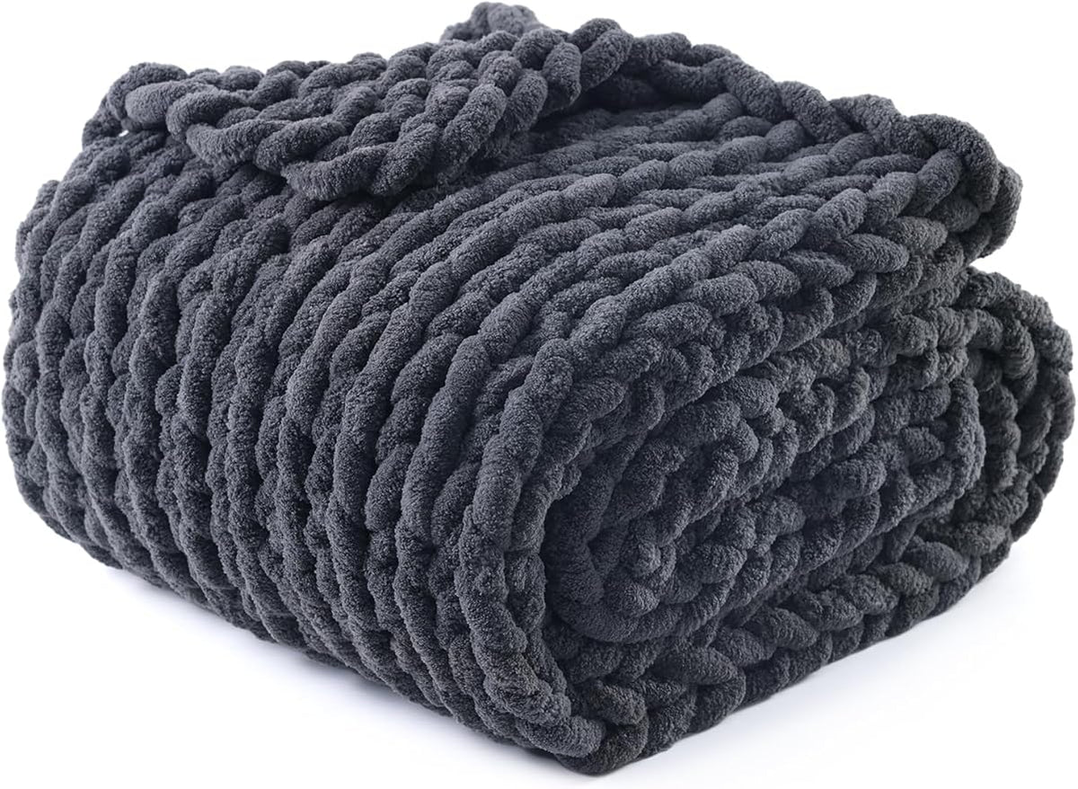YnM Chunky Throw Blanket, Medium-Weight, Hand Knitted with Chenille Yarn, Skin Friendly, Ventilated and Breathable, Machine Washable, Home Décor Piece for Couch, Sofa and Bed (Lava Grey, 40x50 Inch)