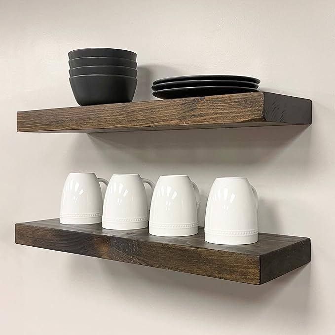 URBANDI, Rustic Floating Shelves, Set of 2, Hidden Bracket, Solid Wood, Heavy Duty, Wall Mounted Shelves, (Dark Brown, 48Wx12D)