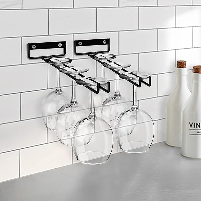 Sorbus Wine Glass Holder - 12 Inch Wall Mounted Wine Glass Rack for Under Cabinet Organization and Storage - Kitchen Shelves for Home Bar Holds Up to 4 Stemware Wine Glasses Each, 16 Total (4 Pack)