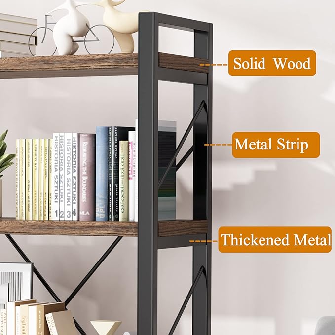 5 Tier Bookshelf Rustic Solid Wood Industrial Style Bookcase,Metal and Real Wood Vintage Bookshelf,Book Shelves Home Office, Retro Brown,Dark Matching credenza(LZ01-05tier) (5Tiers)