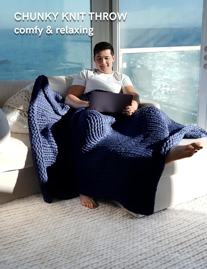 YnM Chunky Throw Blanket, Medium-Weight, Hand Knitted, Skin Friendly, Ventilated and Breathable, Machine Washable, Home Décor Piece for Couch, Sofa and Bed (Indigo Blue, 40x50 Inch)