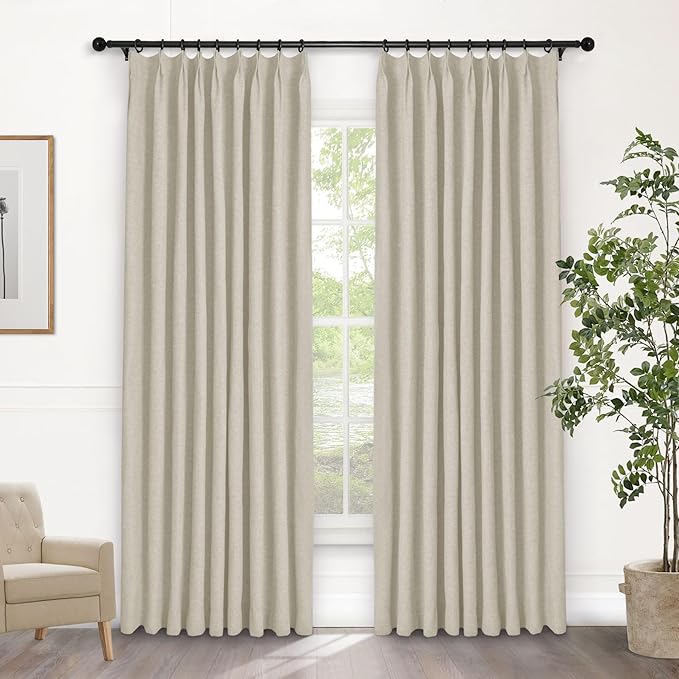 Macochico Ivory White 100% Blackout Linen Curtains 96 Inches Long Pinch Pleated Curtains for Bedroom Living Room Nursery Farmhouse Insulated Sound Reducing Drapery with Tieback 84”Wx96”L 1 Panel