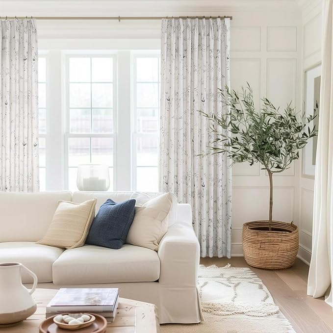 Pinch Pleated Floral Linen Curtains, 72 Inch Wide by 84 Inch Long Printed Curtains for Privacy Light Filtering, Suitable for Living Rooms and Sunrooms.2 Panels