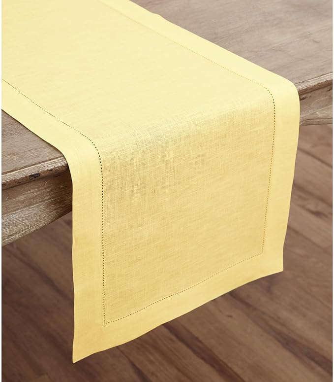 Solino Home Linen Yellow Table Runner 120 Inches Long - 100% Pure Linen Hemstitch 14 x 120 Inch Table Runner for Dining - Classic Hemstitch