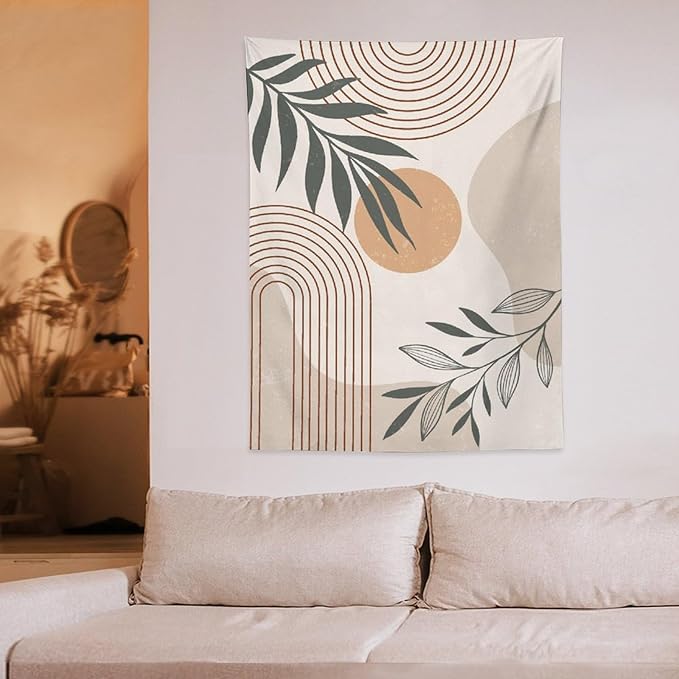 Abstract Boho Tapestry, Mid Century Tropical Tree Leaves Modern Geometric Arch Bohemian Botanical Tapestry, Home Aesthetic Wall Hanging Art Decor for Living Room Bedroom Dormitory 40x60 Inch