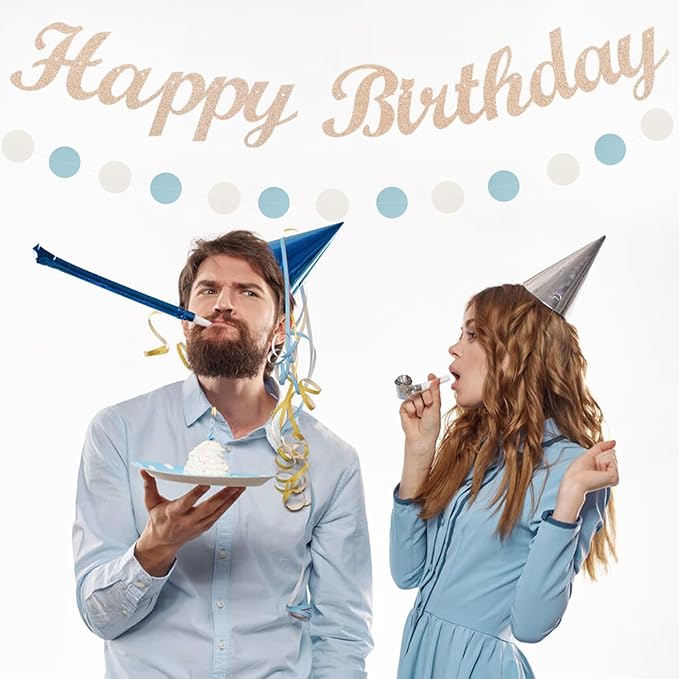 Dusty-Blue White Birthday Party-Decorations Paper-Flowers - 14pcs Happy Banner Boy Lanterns Tissue Pom Poms,Men Streamers Garland Fans Honeycomb,Baby Teen Male Kids Hanging Supplies Decor Hugfond