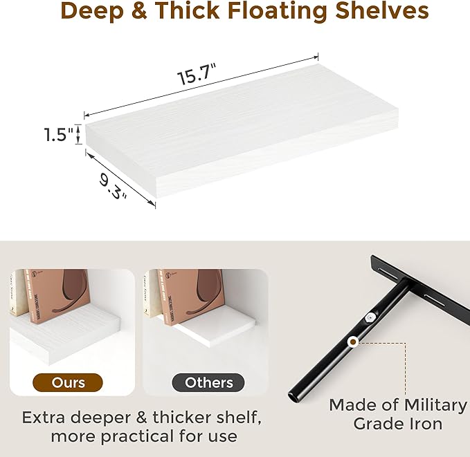Fun Memories White Floating Shelves 16 Inch Long, 9 Inch Deep Wall Shelf for Bathroom, 16 x 9 Floating Shelf for Living Room, Bedroom, Kitchen, Rustic Wood Shelves for Wall, Set of 2