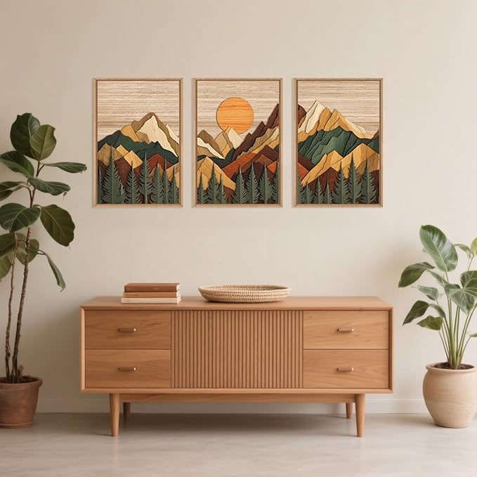Celestdeco Woodcut Style Mountain Framed Canvas Wall Art Set, Large Brown Ridge Wall Decor, Boho Pine Tree Wall Painting, Abstract Wooden Art Print for Living Room, Bedroom, Office - 16"X24"X3 (Not-3D Effect)