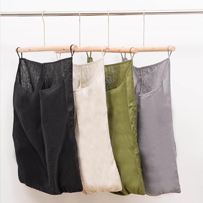 100% Pure Linen Dual Hanging Laundry Bag with 2 Deep Pocket and 2 Side Zipper 20x27in, Over The Door Laundry Hamper Space Saving Hampers for Dirty Clothes Home Travel, Grey