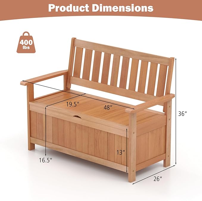 Tangkula 48 Inch Outdoor Wood Storage Bench Deck Box, Wooden Storage Loveseat with 34.2 Gal Inner Space, Entryway Bench Deck Box with Slatted Backrest, Storage Seat for Garden, Lawn, Balcony & Porch