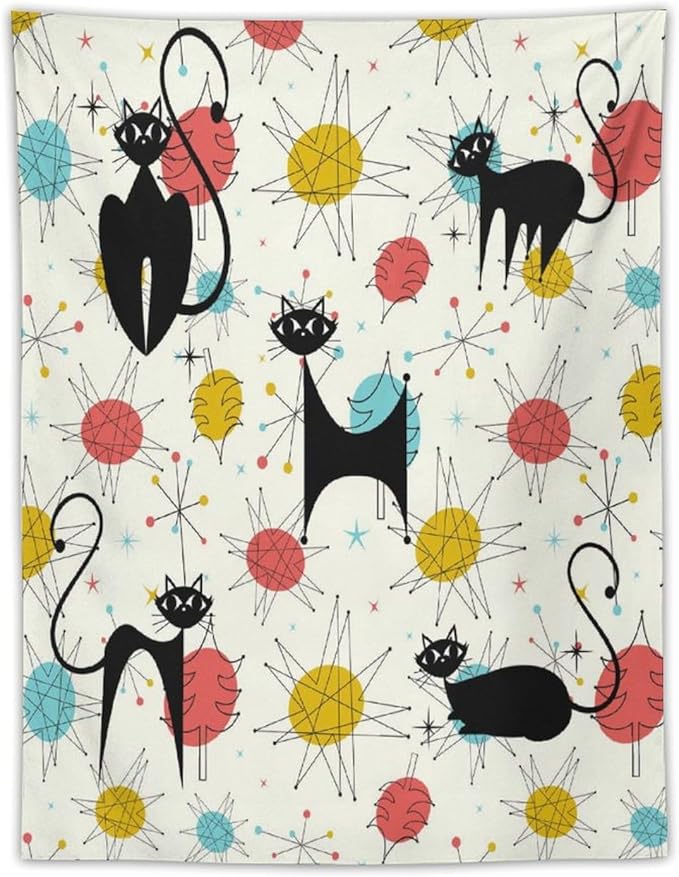 ICMOLYYENLO Abstract Cat Tapestry, Medieval Abstract Atomic Star Cat Vintage Home Wall Hanging Art Tapestry for Bedroom Living Room Dormitory 40x60 Inch
