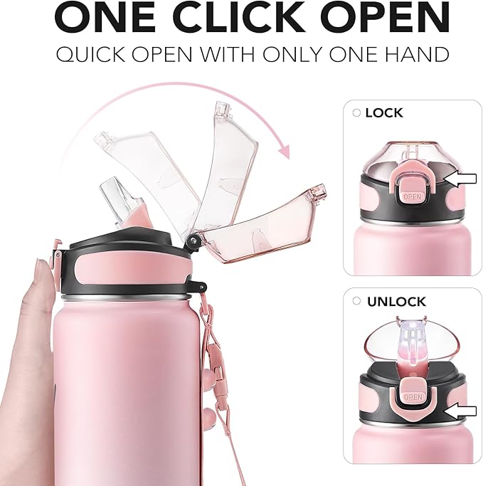 Enerbone 32 oz Insulated Water Bottle, Stainless Steel Bottle with Carrying Strap, Double-Wall Vacuum Insulation Design, Leakproof Sports Bottle with Straw, Keep Drinks Cold or Hot for Hours