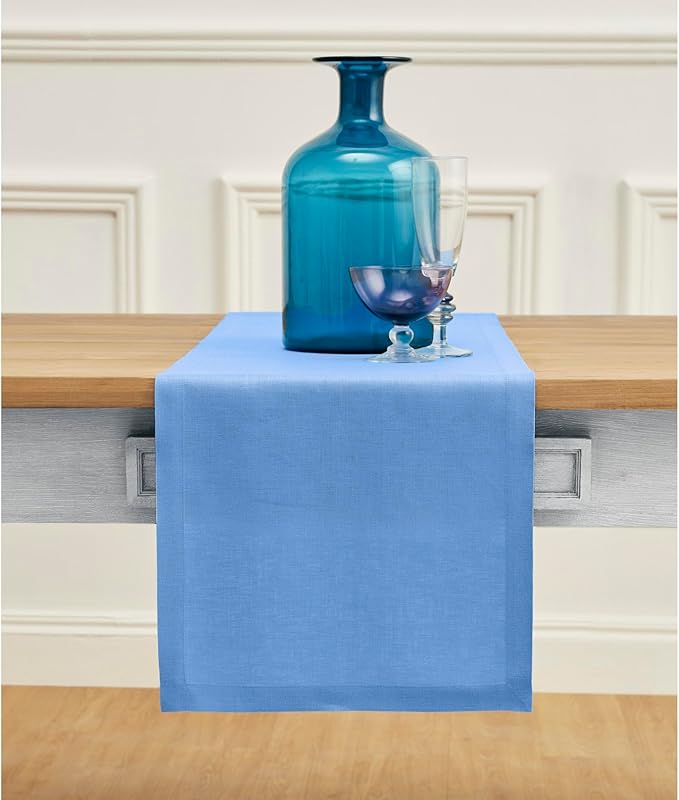 Solino Home Linen Provence Blue Table Runner 120 Inches Long - 100% Pure Linen 14 x 120 Inch Table Runner - Fete