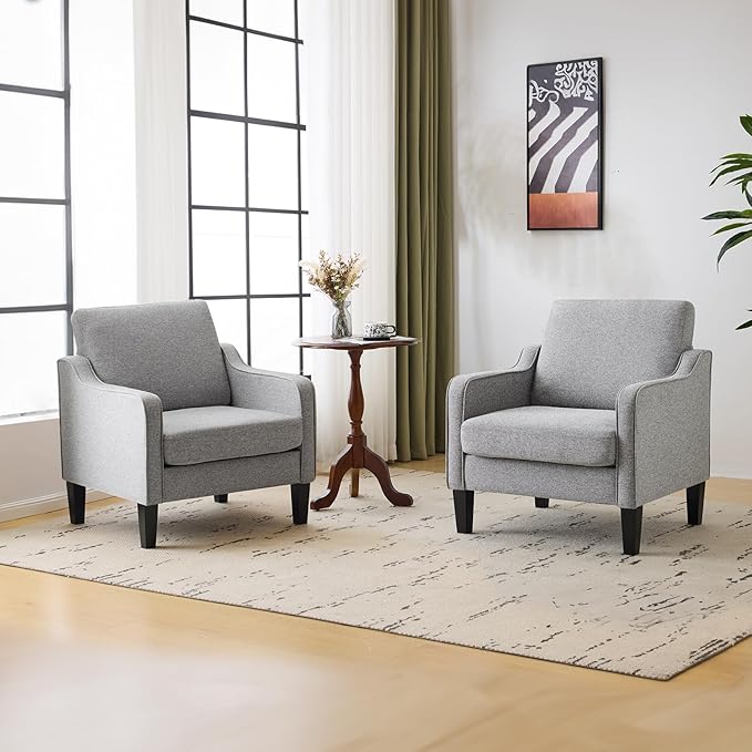 VINGLI Accent Chairs Set of 2 Gray Living Room Chairs Reading Chair for Bedroom Scooped Arm Chair Mid Century Modern Accent Chair Upholstered Comfy Chair for Apartment, Waiting Room