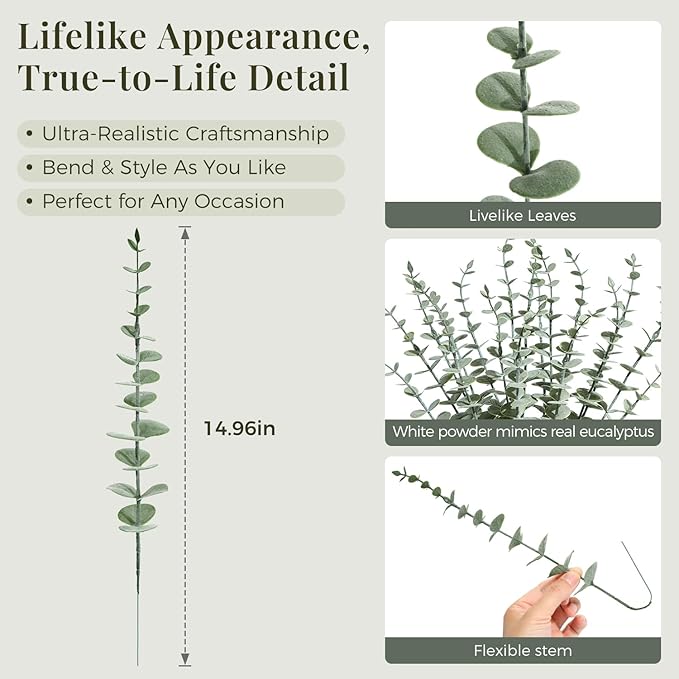 48Pcs Faux Eucalyptus Stems, 15" Artificial Eucalyptus Plants with White Frosted Coating, Fake Eucalyptus Decor Plastic Greenery Leaves for Wedding Bouquets Home Decor DIY Floral Arrangements