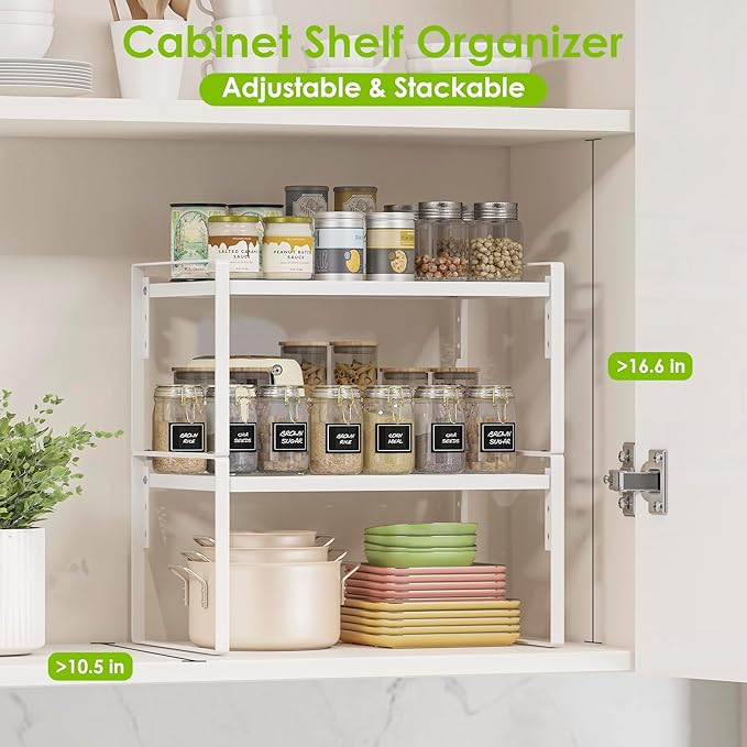 2 Pack Kitchen Countertop Organizer, Stackable Cabinet Shelf Organizer, 2 Tier Adjustable Kitchen Counter Shelves Riser For Pantry Cupboard Bathroom Organization And Storage, Desk Shelf,Spice Rack