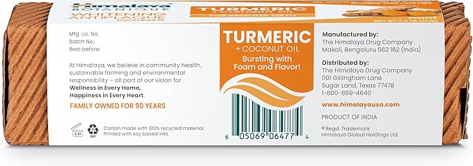 Himalaya Botanique Turmeric & Coconut Oil Whitening Antiplaque Herbal Toothpaste, Whitens Teeth, Fluoride Free, No Artificial Flavors, SLS Free, Vegan, Cruelty Free, Foaming, Mint Flavor, 4 Oz, 2 Pack