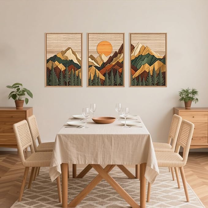 Celestdeco Woodcut Style Mountain Framed Canvas Wall Art Set, Large Brown Ridge Wall Decor, Boho Pine Tree Wall Painting, Abstract Wooden Art Print for Living Room, Bedroom, Office - 16"X24"X3 (Not-3D Effect)
