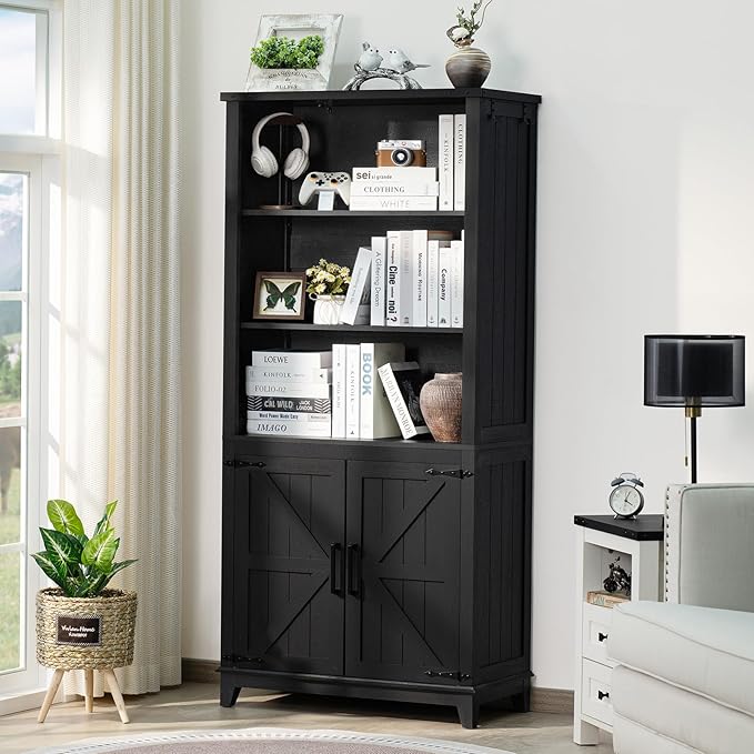 70in Tall Bookshelf 5 Tier Bookcase with Barn Doors and Adjustable Shelves, Black Farmhouse Book Shelf with Storage Cabinet, Wood Freestanding Display Bookshelves for Bedroom, Living Room
