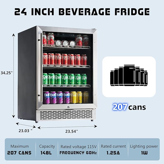 Albott Beverage Refrigerator-24 In fridge with Glass Door, Adjustable Shelves and LED Touch Panel, Under Counter Design for Wine Beer, Built-In or Freestanding Use, 34-64℉