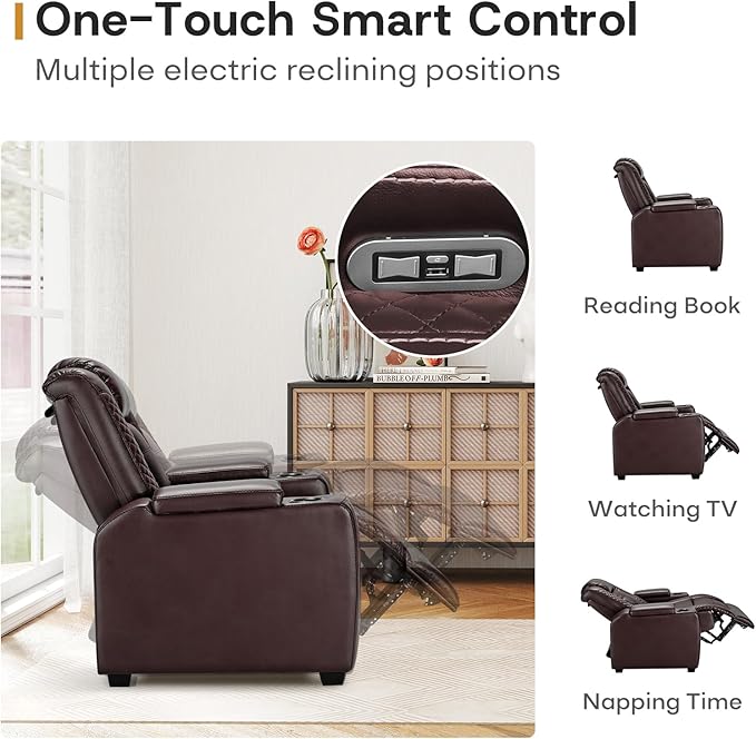 ANJ Power Home Theater Seating Set of 2, Brown Faux Leather Electric Recliner Chair with Powered Headrest, Dual Motors Movie Reclining Chairs with LED Lights,USB Port,Cup Holders, Hidden Arm Storage