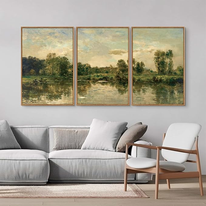 Tinonedraw Vintage Landscape Framed Canvas Wall Art Set of 3, French Country Art Prints, Nature Green Trees and Lake Art Paintings, Rustic Aesthetic Wall Decor for Living Room Bedroom Office 16"x24"x3