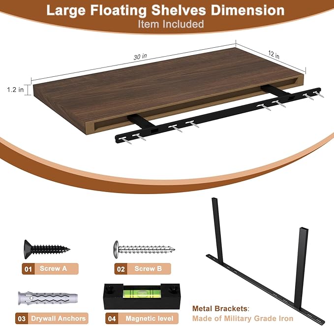 12 Inch Deep Floating Shelves for Wall 1 Pack Floating Shelves Large Storage Space Wall Mount Shelf for Living Room Kitchen Bathroom 30" W x 12" D x 1.2" H Walnut