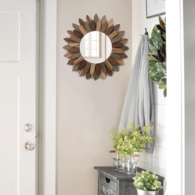 Honiway Boho Wall Decor Mirror 2 Pack 12 inch Rustic Wood Decorative Mirror for Room Decor Rustic Farmhouse Wall Decor for Bedroom Bathroom Living Room Entryway Tril Color