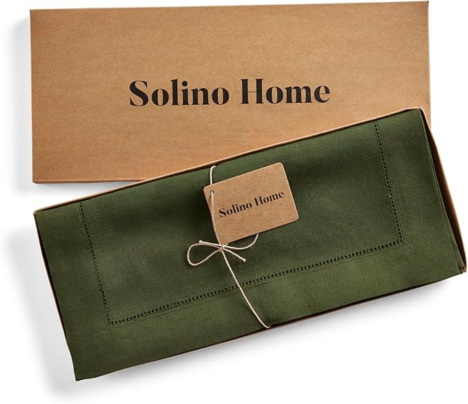 Solino Home Linen Table Runner 60 Inches - 100% Pure Linen Olive Hemstitch Table Runner 14 x 60 Inch Ideal for Dresser and Coffee Tables - Classic Hemstitch - Thanksgiving