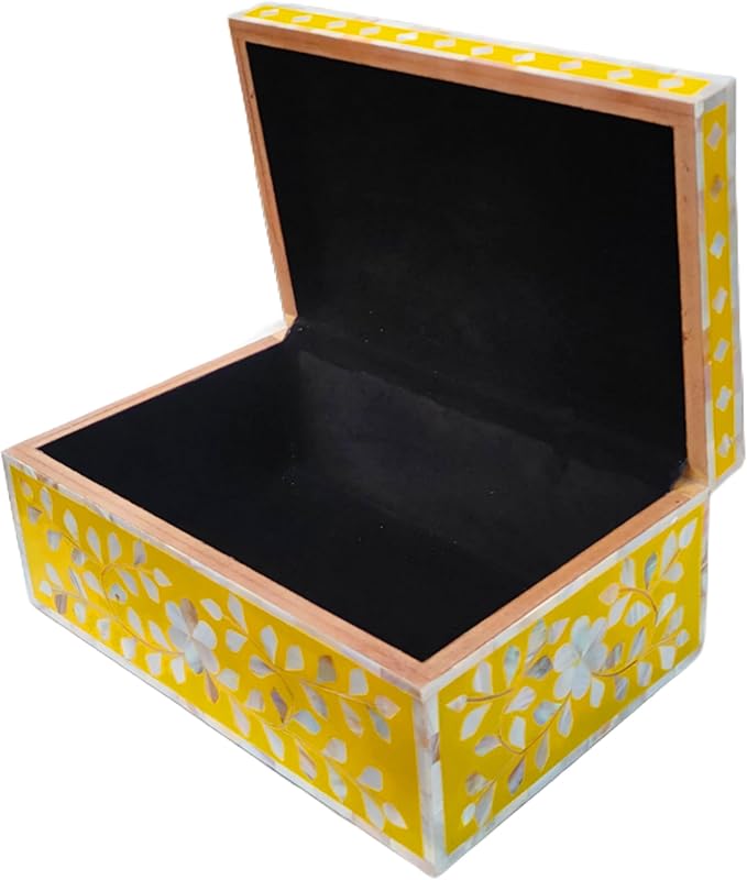 Decorative Storage Box Of Mother Of Pearl Inlay Floral Design Wooden Storage Box For Home Decoration For Living Dining & Bedroom (Yellow_12x8x5 inch)