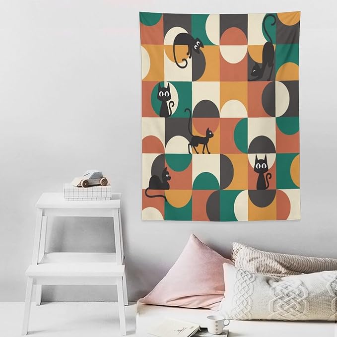 ICMOLYYENLO Boho Medieval Cat Tapestry, Abstract Atomic Starburst Geometric Aesthetic Art Wall Hanging For Bedroom Living Room Dormitory 30x40 Inches