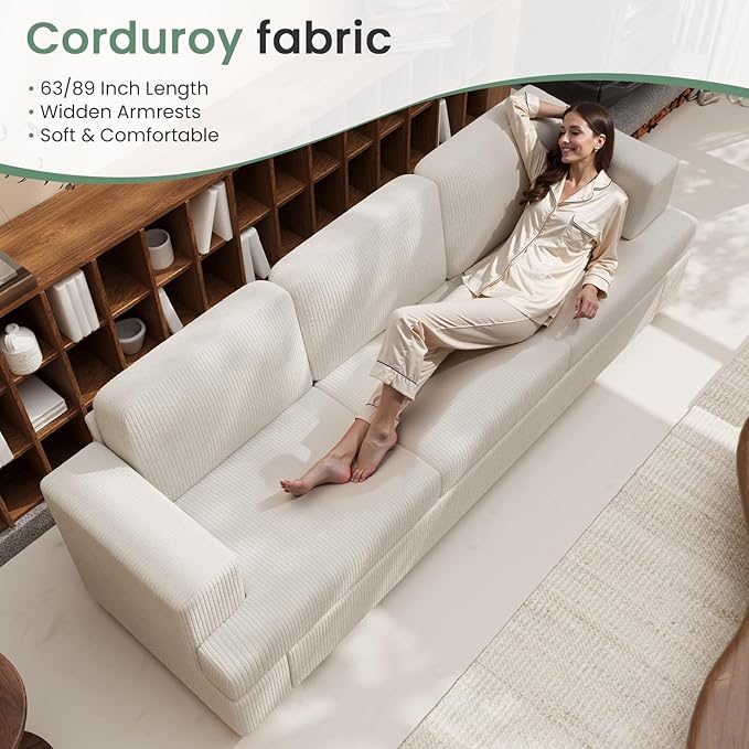 89" White Corduroy Sofa for Living Room, 3 Seater Cloud Couch, Deep Seat Floor Couch for Bedroom, Futon Modern Sofa Bed, White Corduroy