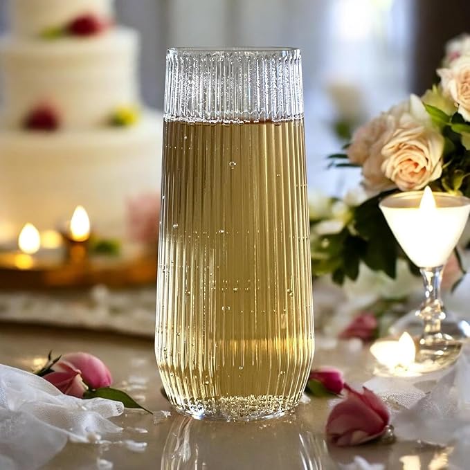 24 Pack Ribbed Origami Ripple Plastic Glasses, 12-9 Ounce Stemless Champagne Flutes & 12-12 Ounce Cups, BPA-Free Disposable Shatterproof Toasting Glasses for Weddings, Bars, and Events (Clear)