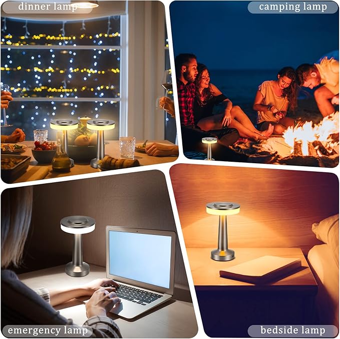 VIHOSE Set of 8 LED Portable Cordless Table Lamp with Touch Sensor 3 Color Stepless Dimming Rechargeable Battery up to 15 Hours Cordless Table Light Wireless Lamp for Nursery(Silver)
