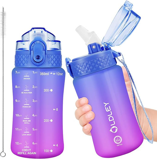 OLDLEY Kids Water Bottle for School, 12 oz (Straw Lid) BPA-Free Reusable Leak-proof Durable Tritan Plastic Water Bottles with One-handed Opening Straw Lids, Anti-dust Spout Cover (Lake)