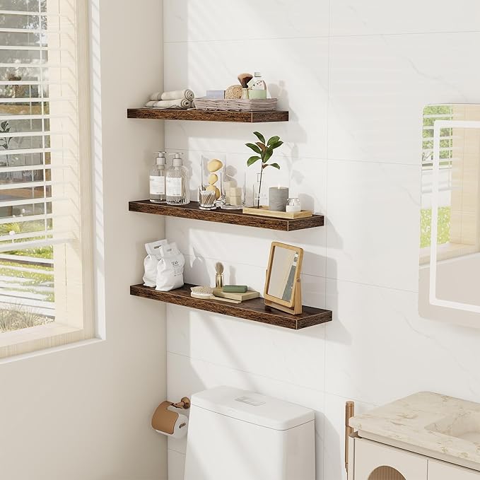 Fun Memories 32 Inch Floating Shelves Wall Shelf Set of 3, Rustic Farmhouse Home Decor Kitchen Living Room Shelves Wall Mounted, 32 x 6.7 x 1.4 Inch, Rustic Brown