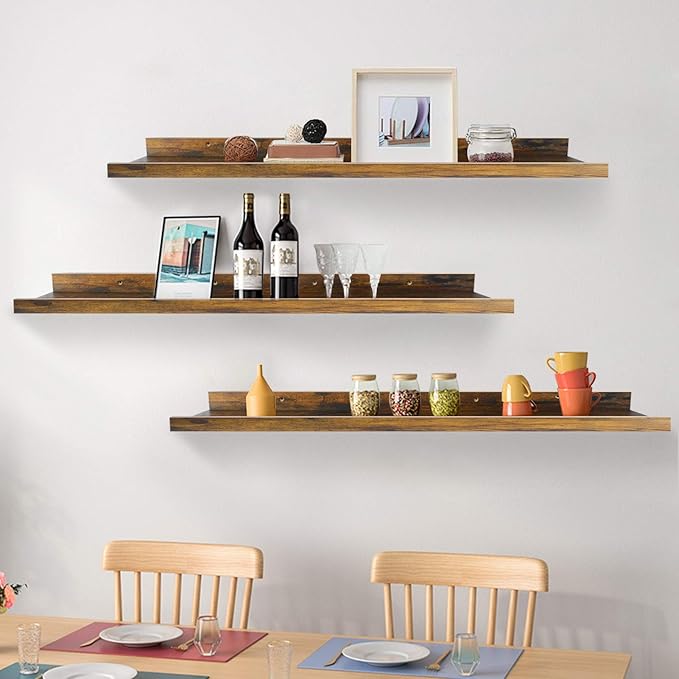 Giftgarden 47 Inch Long Floating Shelves for Wall, Rustic Picture Ledge Large Shelf for Living Room Bedroom Bathroom Kitchen, Set of 3 Different Sizes