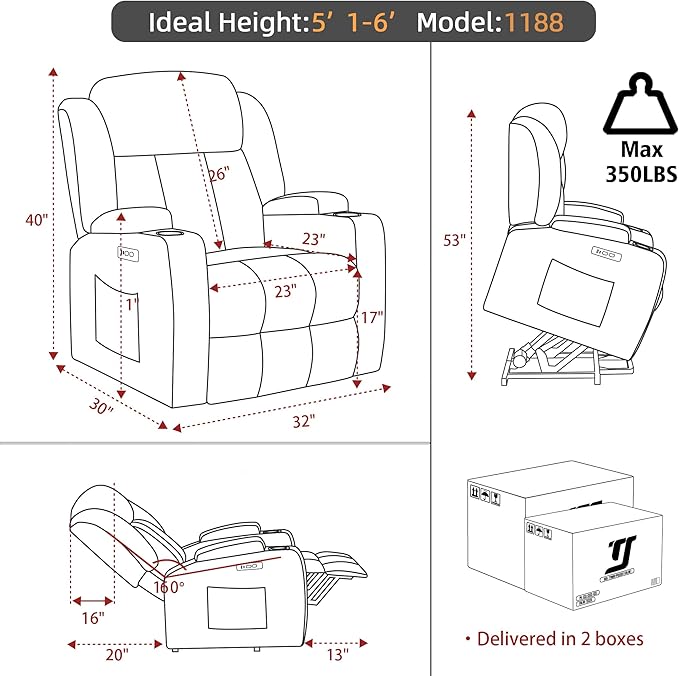 Power Lift Recliner Chair for Elderly with Massage and Heat, Recliner Chairs for Adults, Upgraded Fabric Reclining Sofa Chair with USB & Type-C Ports and Cup Holders, L1188(Grey)